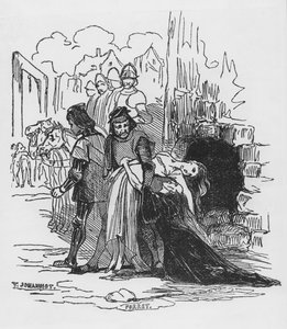 Katonák hurcolnak el egy női foglyot, Victor Hugo (1802-85) „A Notre Dame púpos” című művének illusztrációja (xilográf)