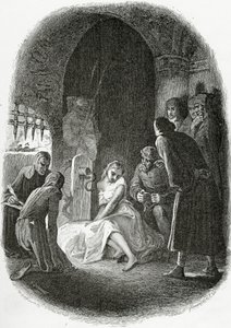 Esmeralda kihallgatása – illusztráció a Notre Dame de Parisból, 19. század (bw metszet)