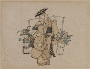 Egy szépség, aki két vödör virágot cipel, c. 1696-1716. alkotó: Torii Kiyomasu