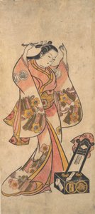 Sanjo Kantaro, mint egy lakktükör előtt a haját rendező nő, 1763 előtt. alkotó: Torii Kiyomasu II.