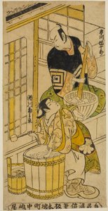 Ichikawa Danjuro II színész Kenkaya Gorouemon és Segawa Kikunojo I Osen szerepében a Hatsugoyomi Akinai Soga című darabban, amelyet a Nakamura Színházban mutattak be 1732 első hónapjában. alkotó: Torii Kiyomasu II