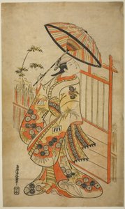 I. Sanogawa Mangiku színész Sanadát, a fonó Itoya lányát alakítja a "Hiragana Yomeiri Izu Nikki" című darabban, amelyet a Nakamura Színházban 1718. tizenegyedik hónapjában mutattak be. alkotó: Torii Kiyomasu II