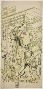 Ichimura Uzaemon VIII színészek Onio Shinzaemon és Onoe Kikugoro I. Usugumo udvarhölgye a Nanakusa Wakayagi Soga című darabban, amelyet az Ichimura Színházban mutattak be 1744 első hónapjában. alkotó: Torii Kiyomasu II