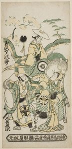 A színészek Tamazawa Saijiro I mint Ushiwakamaru, Segawa Kikunojo I mint Oroku és Otani Oniji I mint Matano Goro a „Sazareishi Suehiro Genji” című darabban, amelyet a Nakamura Színházban mutattak be 1744 első hónapjában. alkotó: Torii Kiyomasu II