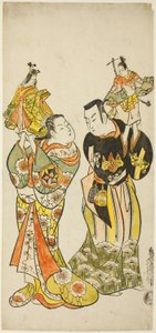 Yamashita Kinsaku I és Hayakawa Hatsuse bábjátékosok a "Tengeri utazás Izuba naplója" ("Funadama Izu Nikki") című darabban, amelyet 1725 első hónapjában mutattak be a Nakamura Színházban. alkotó: Torii Kiyomasu II
