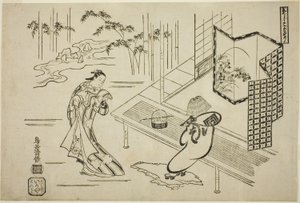 A színészek, Nakamura Takesaburo I, mint Kewaizaka no Shosho és Ichikawa Danjuro II, mint Soga no Goro, komusónak öltözve a „Bando Ichi Kotobuki Soga” című darabban, amelyet a Nakamura Színházban mutattak be 1715 első hónapjában.