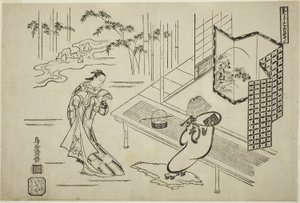 A színészek Nakamura Takesaburo I. mint Kewaizaka no Shosho és Ichikawa Danjuro II. mint Soga no Goro komusónak öltözve a "Bando Ichi Kotobuki Soga" című darabban, amelyet a Nakamura Színházban adtak elő az első hónapban. alkotó: Torii Kiyomasu I