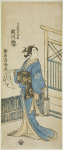 Segawa Senjo színész (Kikunojo III) mint Amakawaya Gihei felesége a "Kanadehon Chushingura" című darabban, amelyet a Nakamura Színházban adtak elő 1776 ötödik havában.