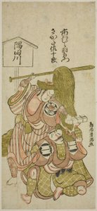 A színészek Ichimura Uzaemon IX mint Gunsuke inas és Sakata Sajuro I mint Yamaga no Sashiro az "Iro Jogo Mitsugumi Soga" című darabban, amelyet az Ichimura Színházban adtak elő az első hónapban, 1765-ben. alkotó: Torii Kiyomitsu I