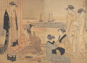 Vidámozók partija egy teaházban Shinagawában, kb. 1783. alkotó: Torii Kiyonaga