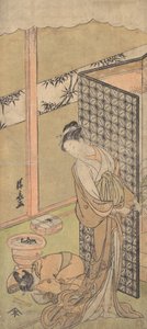 Egy oiran éjszakai öltözékben, megáll, egyik kezével az ágyát körülvevő képernyőn..., kb. 1770. alkotó: Torii Kiyonaga