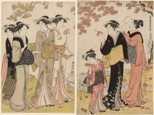 Szépségek a juharfa alatt, a "A Pleasure Quarters kortárs szépségeinek gyűjteménye (Tosei yuri bijin awase)" sorozatból alkotó: Torii Kiyonaga