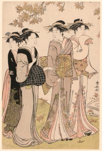 Szépségek a juharfa alatt, a "A Pleasure Quarters kortárs szépségeinek gyűjteménye (Tosei yuri bijin awase)" sorozatból alkotó: Torii Kiyonaga