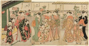 Yoshiwara udvarhölgyei és kísérőik a Nakanocho-i pünkösdi rózsát nézik alkotó: Torii Kiyonaga