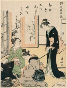 Anyós ugratja a menyasszonyt, a Humoros versek gyűjteménye sorozatból, 1785 körül (színes fatömbnyomat; chuban) alkotó: Torii Kiyonaga