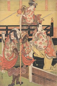 Az erkélyen egy nő ül és cuzumit játszik, egy Daimyo jelmezben lévő férfi alatt a tenger..., kb. 1790. alkotó: Torii Kiyonaga