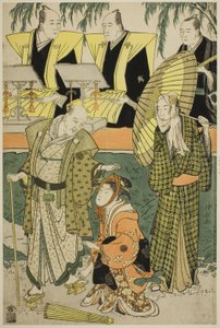 A színészek Bando Matakuro IV mint Chubei, Osagawa Tsuneyo II mint Umegawa és Nakamura Katsugoro mint Magoemon a Keisei Koibikyaku című darabban alkotó: Torii Kiyonaga