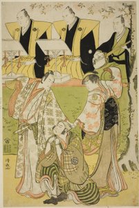 A színészek Ichikawa Monnosuke II mint Munesada, Segawa Kikunojo III mint az udvarhölgy Sumizome és Nakamura Nakazo I mint Sekibei a "Tsumoru Koi Yuki no Seki no To" című darabban, amelyet a Kiri Színházban mutattak be 1784 tizenegyedik hónapjában. alkotó: Torii Kiyonaga