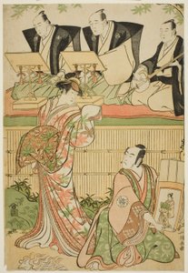A színészek Matsumoto Koshiro IV Ukita Sakingo szerepében és Sawamura Sojuro III, mint Takao udvarhölgy szelleme, az "Ominaeshi Sugata no Hatsuaki" című darabban a Nakamura Színházban 1788-ban. alkotó: Torii Kiyonaga