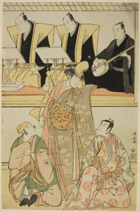A színészek Nakayama Kojuro VI (Nakamura Nakazo I) Chidoriként, Sawamura Sojuro III mint Shigemori, és Ichikawa Yaozo III mint Yoshibei a Shosa "Fukyoku Edo Geisha" című filmben a Nakamura Színházban 1785 tizenegyedik hónapjában alkotó: Torii Kiyonaga