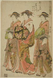 Az Ogiya udvarhölgye, Takigawa kísérőivel, Onamival és Menamival, a "Modells for Fashion: New Designs olyan friss, mint a fiatal levelek (Hinagata wakana no hatsu moyo)" sorozatból. alkotó: Torii Kiyonaga