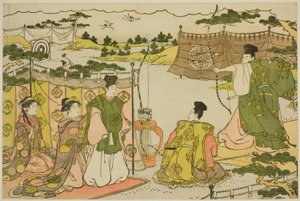 Az újév első íjász gyakorlata (Yumi hajime), a "Hármas hajnal színei (Saishiki mitsu no asa)" című illusztrált könyvből alkotó: Torii Kiyonaga