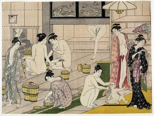 Nők a nyilvános fürdőben. Torii Kiyonaga (1752-1815) japán nyomata, 1785 körül. Torii Iskola (ukiyo-e vagy ukiyo e).