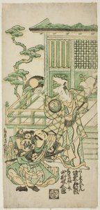 A színészek Bando Hikosaburo I, mint Araki Sozaemon és Nakamura Sukegoro I mint Daidoji Tahatanosuke a Chigozakura Futabajikki című darabban, amelyet az Ichimura Színházban mutattak be 1746 tizedik hónapjában.