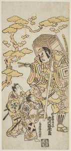 A színészek Ichikawa Ebizo II, mint Musashibo Benkei, Sakata Shintaro (?) mint Soga no Goro, és Takigawa Kinya (?) mint Soga no Juro a „Sazareishi Suehiro Genji” című darabban, amelyet a Nakamura Színházban mutattak be 1744 első hónapjában. alkotó: Torii Kiyonobu II