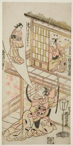 A színészek Ichikawa Ebizo II mint Mushanosuke, Segawa Kikunojo I mint Ochiyo, és Matsushima Kichisaburo mint Ochiyo szelleme a "Higashiyama Gojitsu Yaoya Hanbei" című darabban, amelyet a Nakamura Színházban adtak elő 1744 nyolcadik havában. alkotó: Torii Kiyonobu II