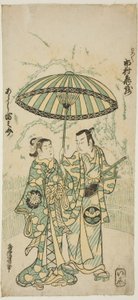 I. Ichimura Kamezo színészek Kanto Korokuként és Arashi Tominosuke I. Hayasaki a "Hokazo Yunzei Hachinoki" című darabban, amelyet az Ichimura Színházban mutattak be 1748. tizenegyedik hónapjában.