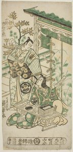 Ichimura Uzaemon VIII, mint Oguri Hangan és Segawa Kikunojo I, mint Terute no Mae a Mangetsu Oguri Yakata című darabban, amelyet az Ichimura Színházban mutattak be 1747 nyolcadik hónapjában.