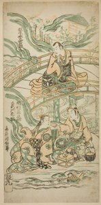 A színészek Matsumoto Koshiro II mint Kumasaka Chohan, Ichimura Kamezo I mint Ise no Saburo és Sanogawa Ichimatsu I mint Ushiwakamaru a Hatsu Tora Kurama Genji című darabban, amelyet az Ichimura Színházban mutattak be 1749 első hónapjában. alkotó: Torii Kiyonobu II