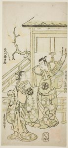 A színészek Otani Oniji I Soga no Goro szerepében és Sanogawa Ichimatsu I. Yoshinaka nővére a "Fuji no Yuki Mitsugi Soga" című darabban, amelyet a Nakamura Színházban mutattak be 1746 első hónapjában. alkotó: Torii Kiyonobu II