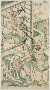 I. Sanogawa Ichimatsu színészek Ike no Shoji szerepében és Segawa Kikujiro I Hitachi Kohagi szerepében a Mangetsu Oguri Yakata című darabban, amelyet az Ichimura Színházban mutattak be 1747 nyolcadik hónapjában.