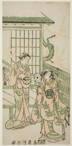 A színészek Sanogawa Ichimatsu I. Minamoto no Yorimasa és Segawa Kikujiro I. Nobutsura felesége, Karumo szerepében a "Shusse Momijigari" című darabban, amelyet az Ichimura Színházban adtak elő 1747 tizenegyedik havában. alkotó: Torii Kiyonobu II
