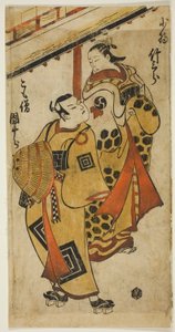 A színész Ichikawa Danjuro II mint Soga no Goro és Nakamura Takesaburo I mint Kewaizaka no Shosho a "Bando Ichi Kotobuki Soga" című darabban, amelyet a Nakamura Színházban mutattak be 1715 első hónapjában.