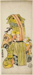 A színészek, Ichikawa Danjuro II Kamada Matahachi és Ichikawa Monnosuke I mint Hisamatsu az "Osome Hisamatsu Shinju Tamoto no Shirashibori" című darabban, amelyet a Morita Színházban mutattak be, 1720