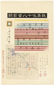 A Kabuki juhachiban sorozat tartalomjegyzéke Kabuki juhachiban mokuroku (cím a tárgyon) Tizennyolc kabuki játék (sorozat címe) Kabuki juhachiban (sorozat címe az objektumon)