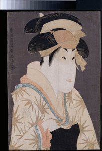 Segawa Kikunojo III színész okubi-e portréja Oshizu, Tanabe Bunzo feleségének szerepében a Hana-ayame bunroku soga című darabból, amelyet a Miyakoza színházban mutattak be a Kansei 6 ötödik hónapjában, 1794 körül. alkotó: Toshusai Sharaku