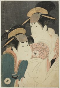 A színészek: Segawa Tomisaburo II (R) mint Yadorigi, Ogishi Kurando felesége, és Nakamura Manyo (L) mint Wakakusa szolga. alkotó: Toshusai Sharaku