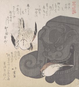 Tetőcserép és verebek, Mizuno különlegességei Imadóban, 19. század. alkotó: Totoya Hokkei