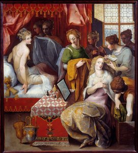 Hyante et Clymene a leur toilette Hyante (Hyanthe) et Clymene, Kréta királyának két lánya, aki Heberge Francus szerelmes ebbe a hősbe, a vécéjükön szorgoskodik seduire miatt - Toussaint Dubreuil (1561-1602) festménye, 1. méret, 07x0,96 m