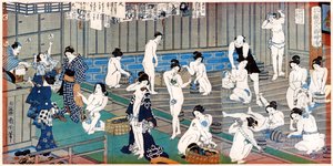Fürdőházi jelenet, Toyohara Kunichika lenyomata, 19. század