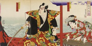Ichikawa Danjūrō és Nakamura Fukusuke Katō Kiyomasa és Hinakinu szerepében alkotó: Toyohara Kunichika