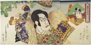 Kawarazaki Gonnosuke Takechi Mitsuhide szerepében és Ichikawa Sadanji Mashiba Hisayoshi szerepében alkotó: Toyohara Kunichika
