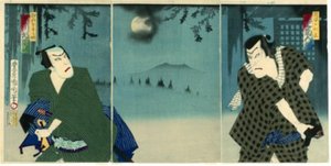 Onoe Kikugorō V mint Daiba no Jinzō és Ichikawa Sadanji I mint Itamiya Jubei alkotó: Toyohara Kunichika