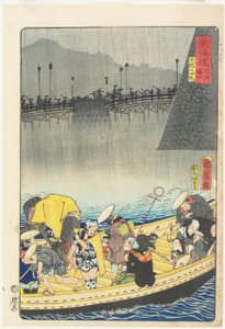 Hazatérő vitorlák Yabase-nál, Zezében alkotó: Toyohara Kunichika
