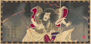 Dr. Ichikawa Udanji mint Sugawara no Michizane fizet "Psychic Sugawara igazi gép" Perforált Tee Haruki Tee negyedik hónapja, 1883 alkotó: Toyohara Kunichika