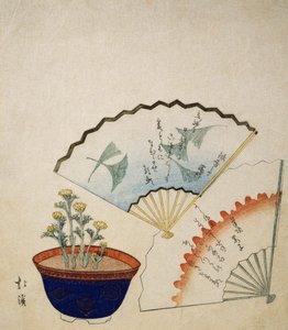 Váza Adonisszal és két legyezővel, Ichotei Mitsunori és Fudegaki verseivel díszítve, 1830 körül alkotó: Toyota Hokkei